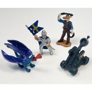 Lot 4 SAFARI LTD Vinyl Mini FIGURES Cowboy w/ Lasso Knight Lance Catapult Dragon